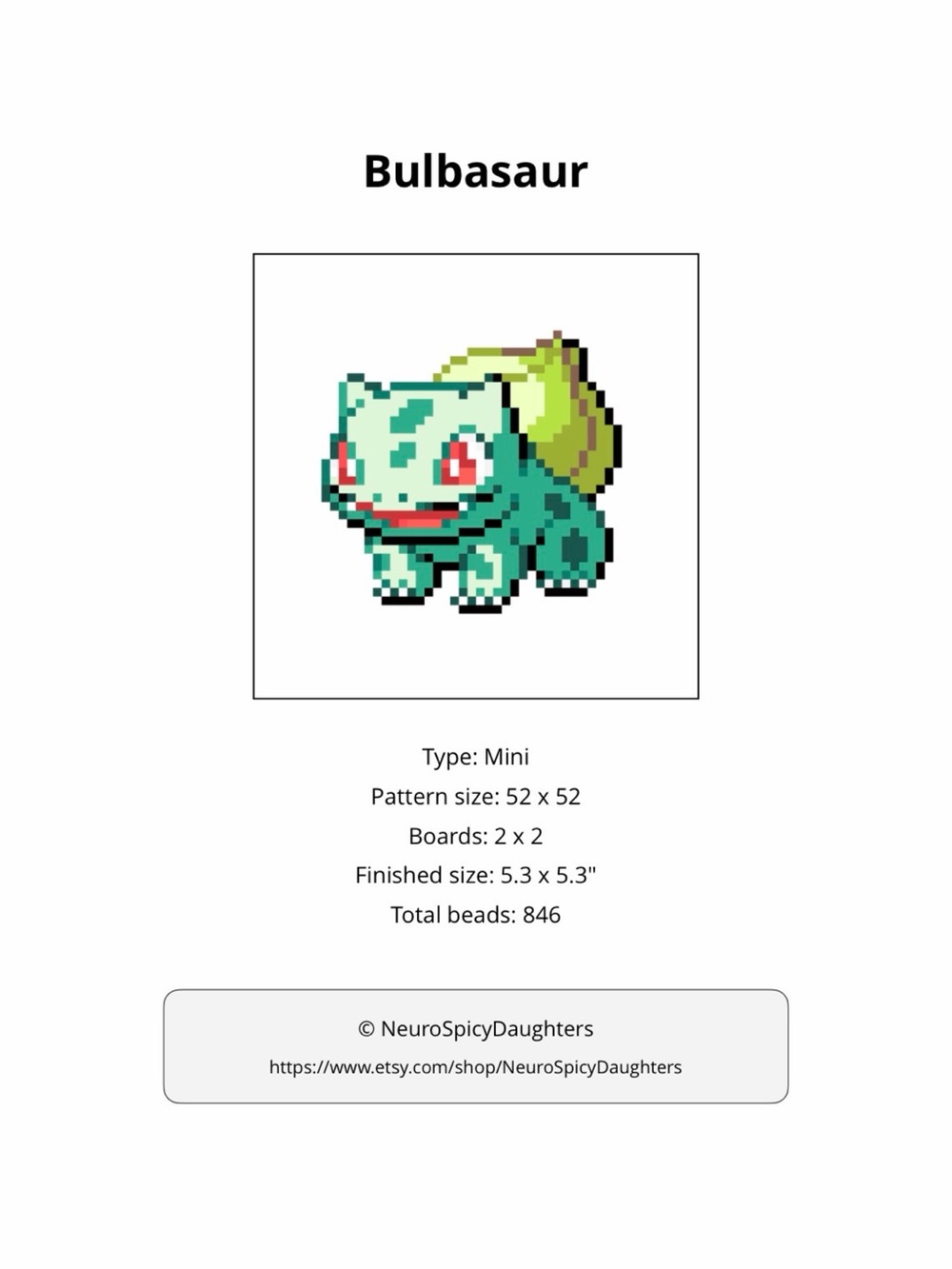 PHYSICAL COPY Pokemon Bulbasaur Pixel Art Bead Sprite - Teal, Light Green